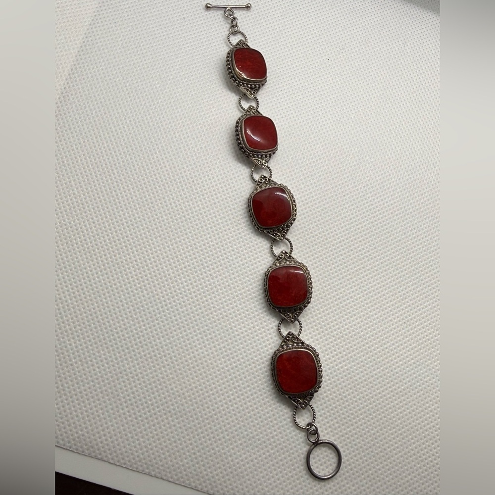 Vintage Authentic Sterling Silver Cherry Amber Link Bracelet